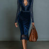 Samt Midi Kleid V-Ausschnitt Spitz