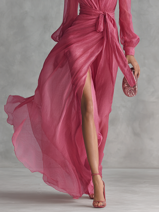 Roze Chiffon Jurk V-Hals