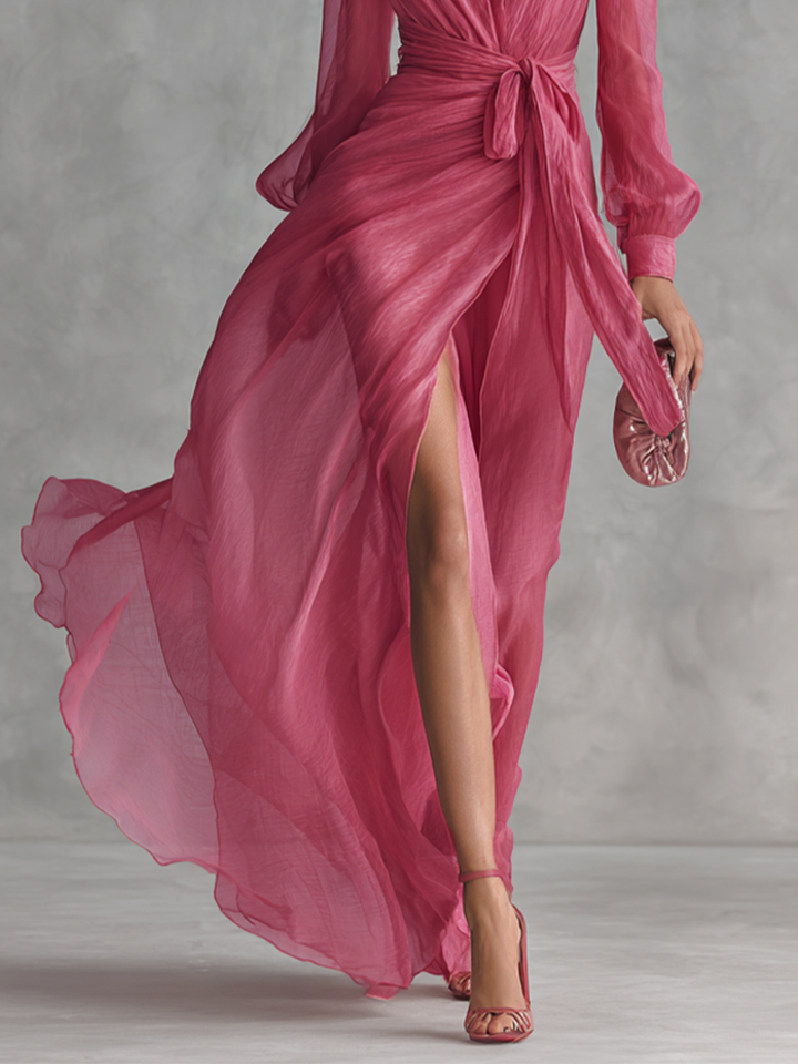 Roze Chiffon Jurk V-Hals
