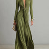 Oliv Seide Maxi Kleid V-Ausschnitt