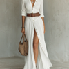 Weißes Leinen Faltenkleid Maxi