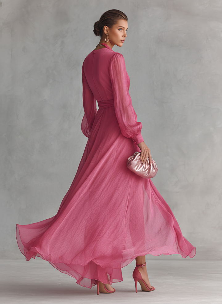 Roze Chiffon Jurk V-Hals