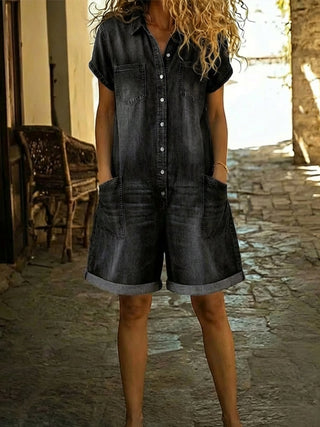 Lila - Lässiger Baumwoll-Denim-Overall Shorts